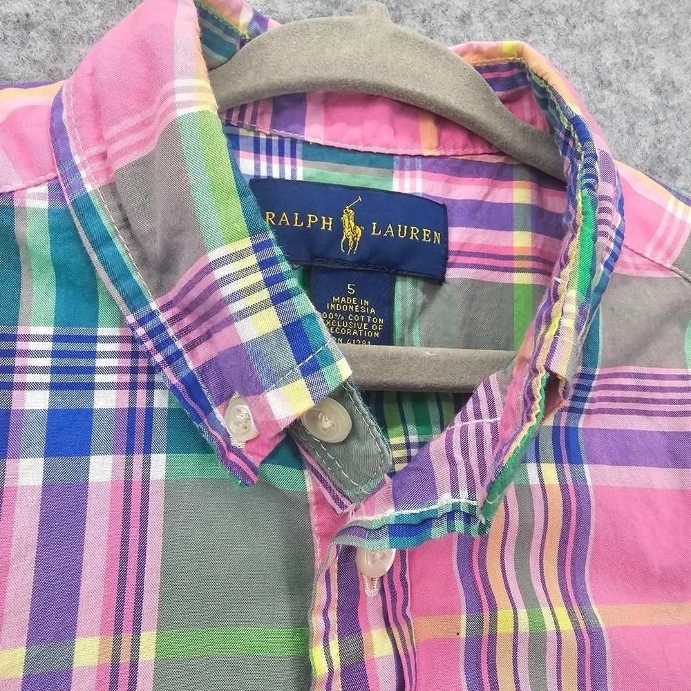Ralph Lauren Madras Boys Shirt 5 Pink Green Plaid Button Down Pony Summer School